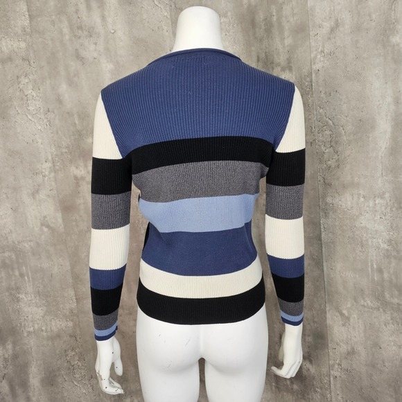 Carolyn Taylor Essentials Colorblock Ribbed Knit Sweater Blue Gray Black Cream S - Picture 3 of 5